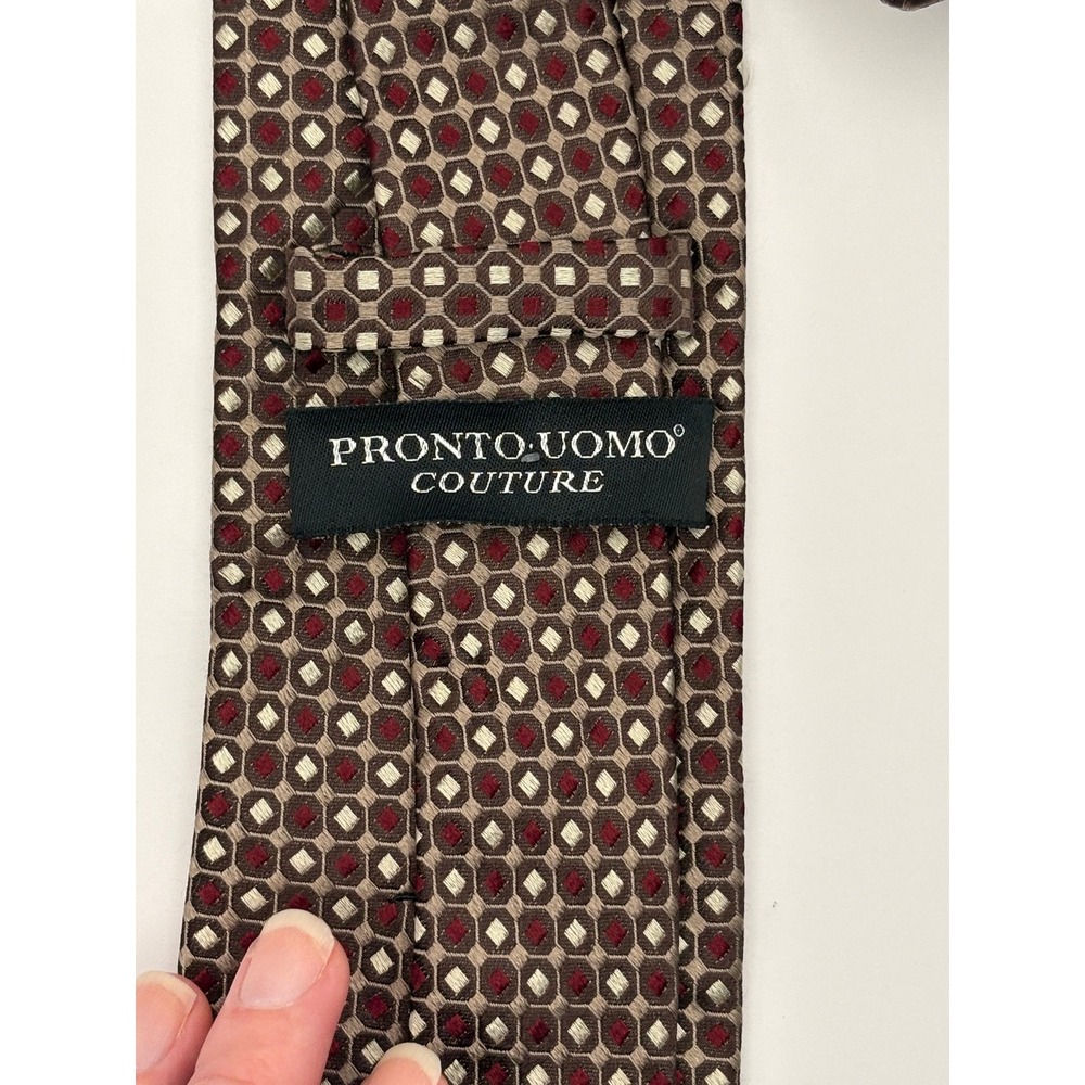 Pronto Uomo Couture Mens Silk Tie Burgundy Taupe Geometric Medallion Pattern - Picture 2 of 4